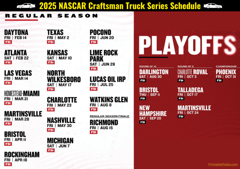 Printable NASCAR Craftsman Truck Series Schedule 2025