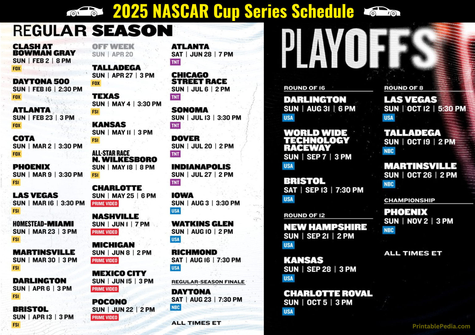 Printable NASCAR Cup Series Schedule 2025 TV Channels, Live Stream Info