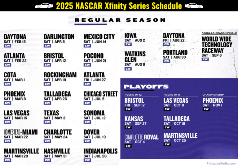 Printable NASCAR Xfinity Series Schedule 2025