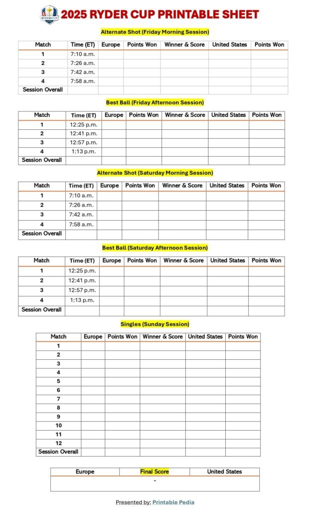 2025 Ryder Cup Printable Sheet