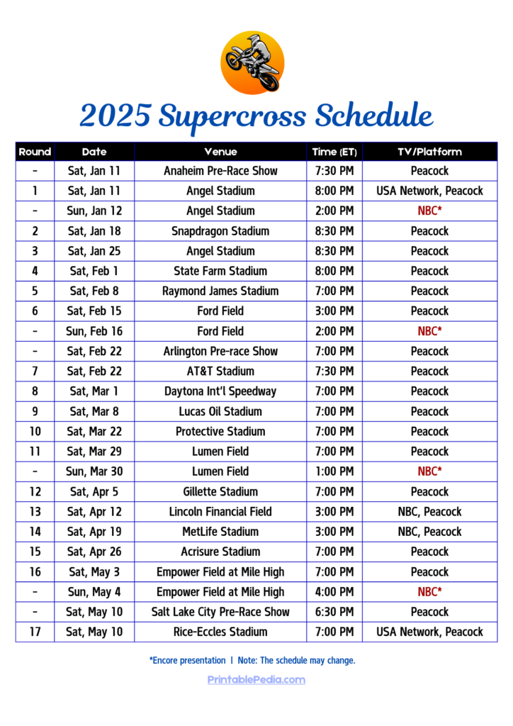 Printable Supercross TV Schedule 2025