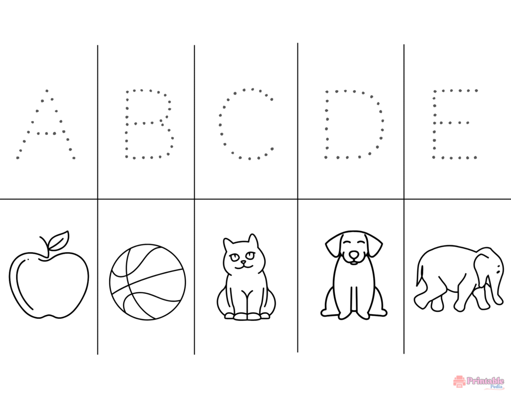 Traceable uppercase letters A to E with pictures for kids