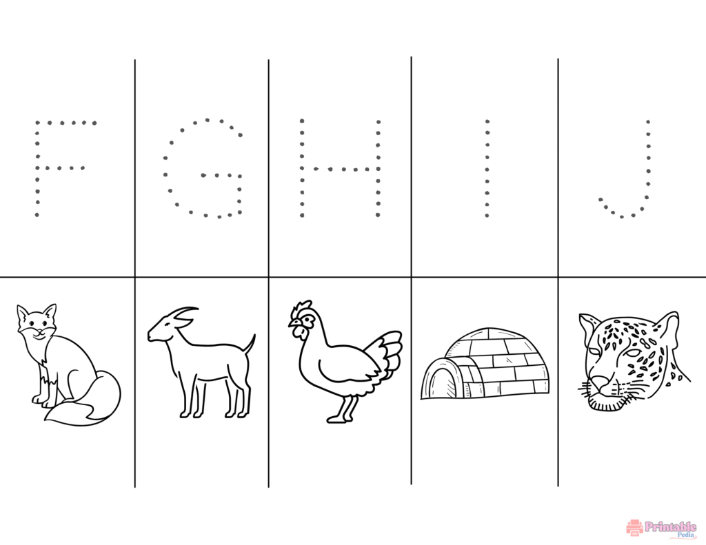 Uppercase tracing letters F to J with matching coloring images