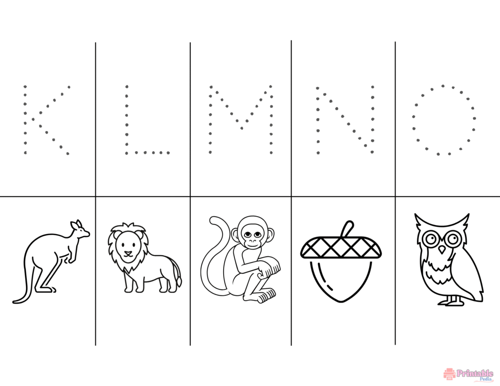 Trace uppercase letters K to O with fun pictures for coloring