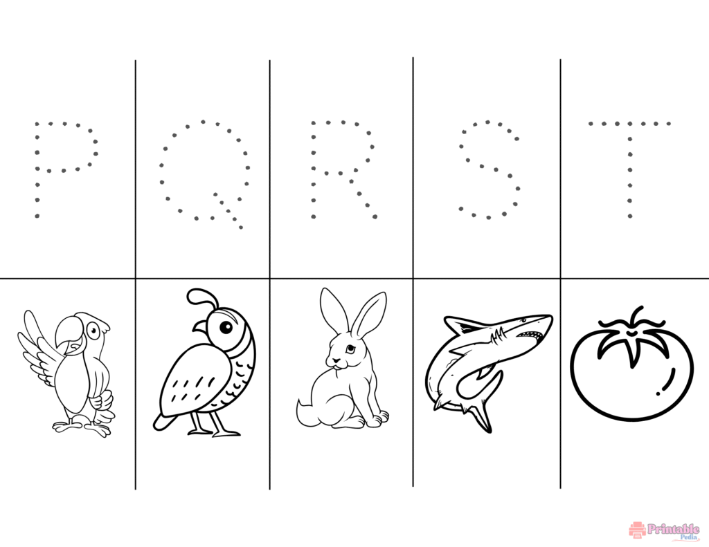 Letters P to T uppercase tracing sheet with coloring activities