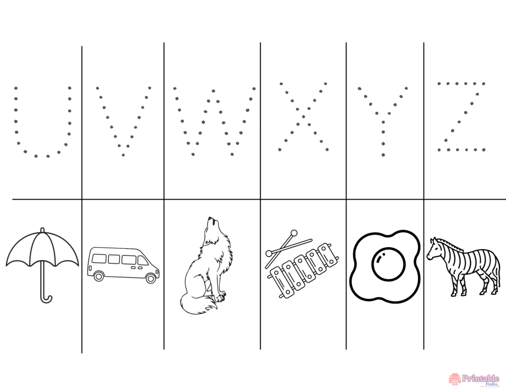Uppercase alphabet tracing worksheet U to Z with vocabulary pictures