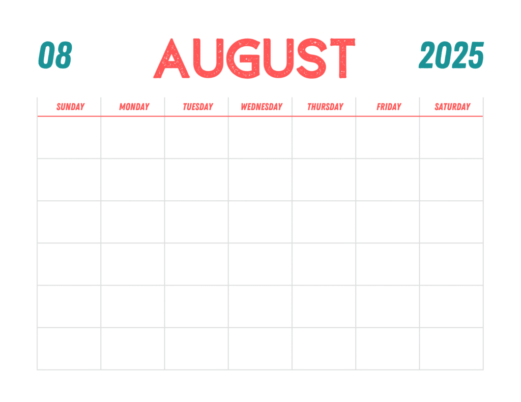 Blank Printable August 2025 Calendar