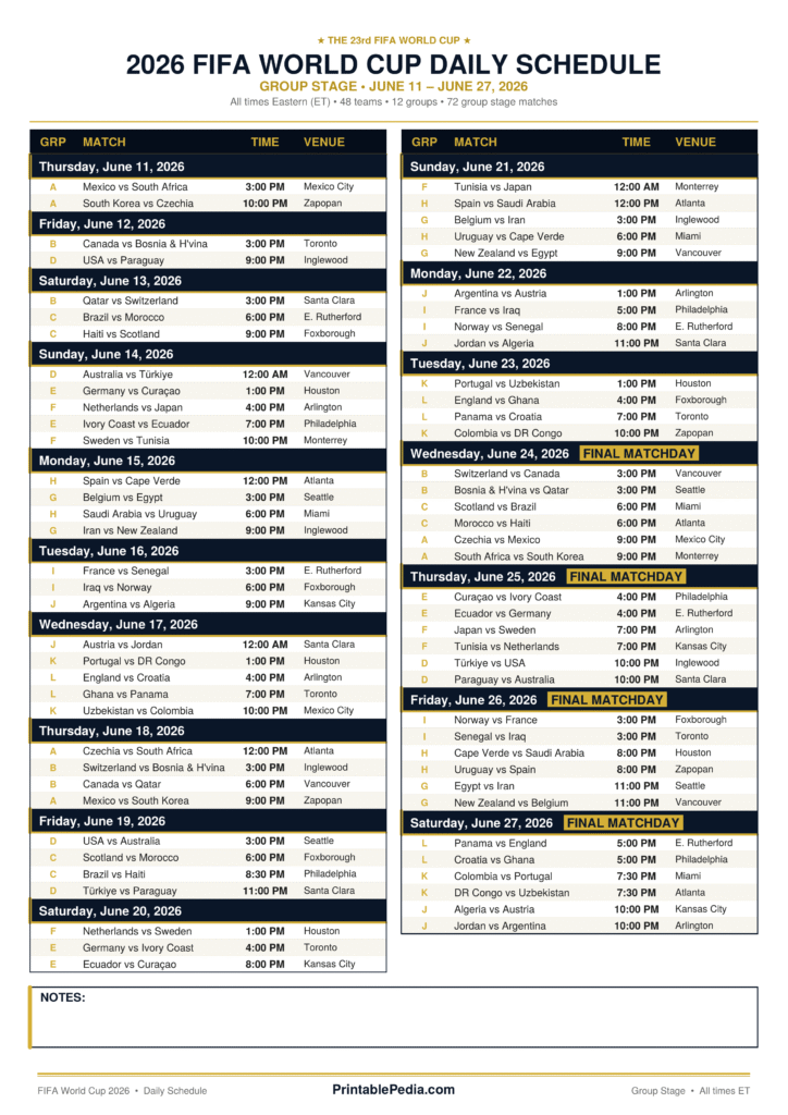 FIFA World Cup 2026 Printable Schedule PDF