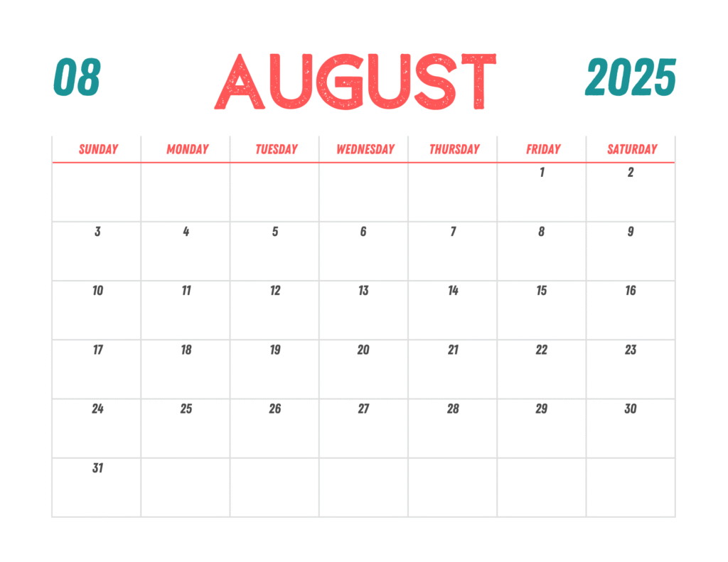 Printable August 2025 Calendar (Sunday Start)