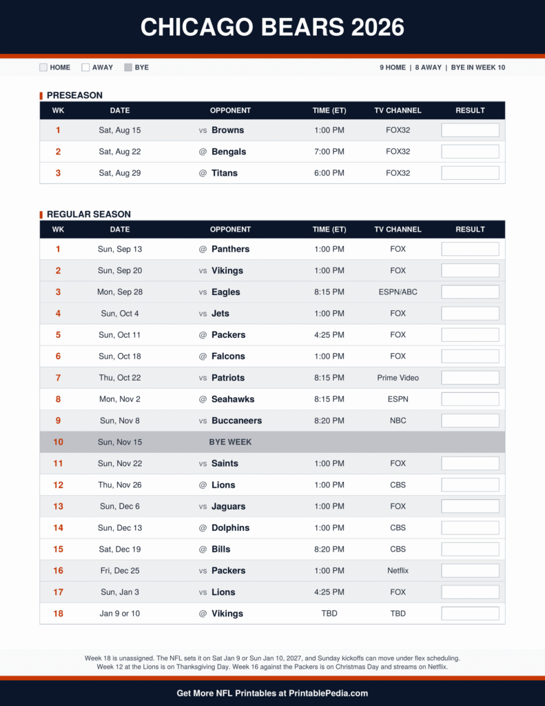 Printable 2026 Chicago Bears schedule with every game, dates, kickoff times in ET and TV channels