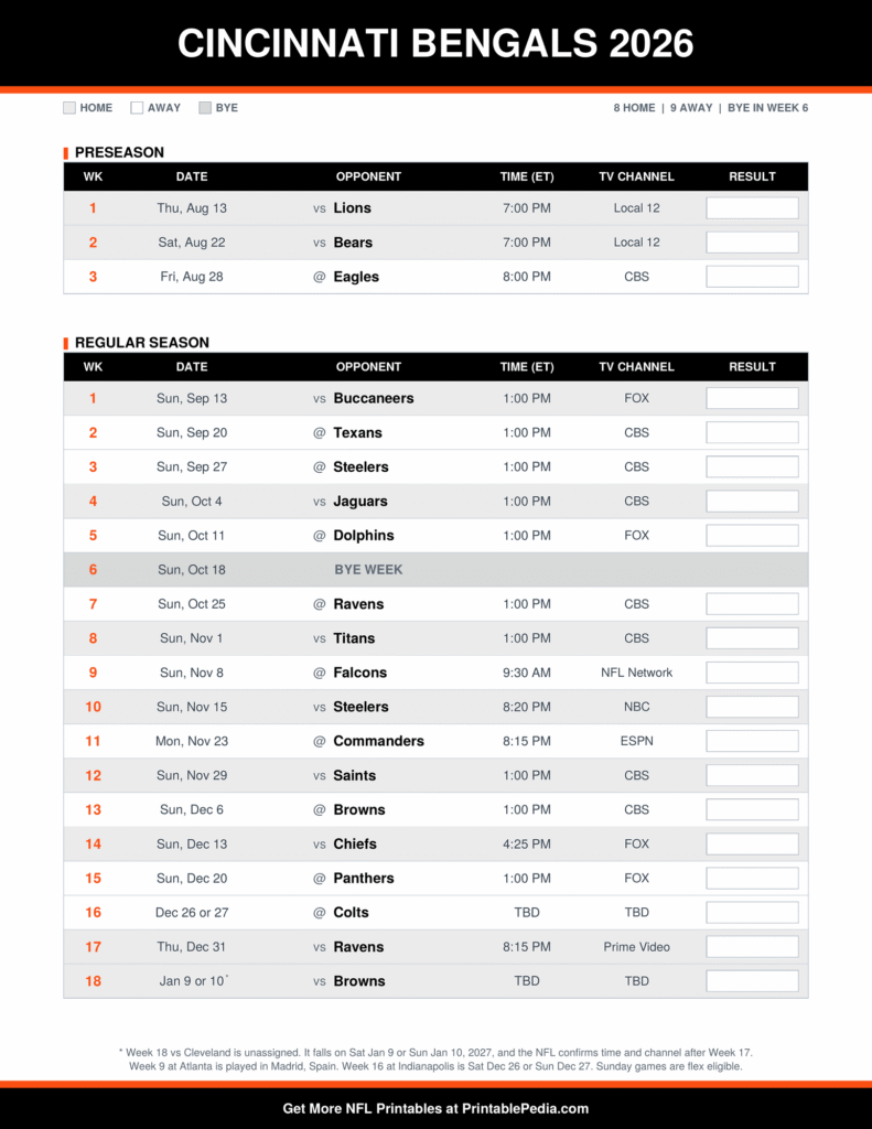 Printable 2026 Cincinnati Bengals schedule with every game, dates, kickoff times in ET and TV channels