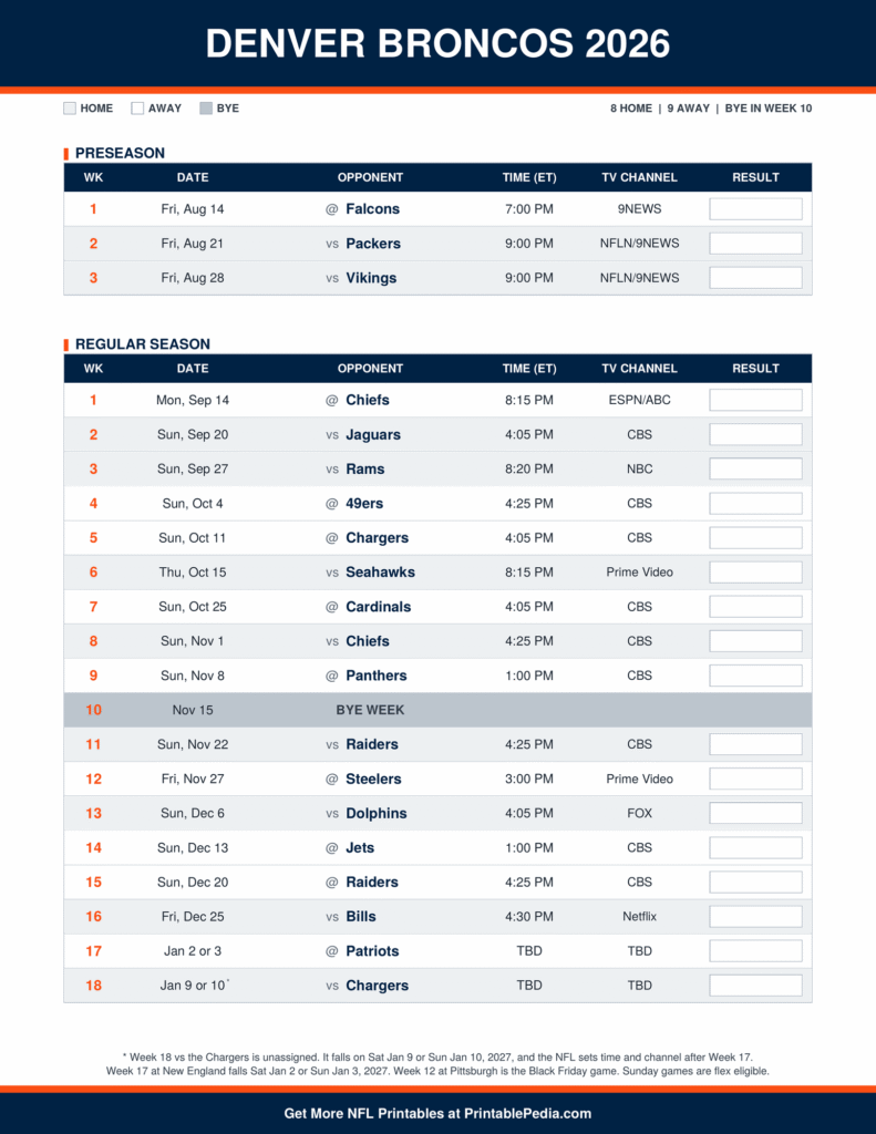 Printable 2026 Denver Broncos schedule with every game, dates, kickoff times in ET and TV channels