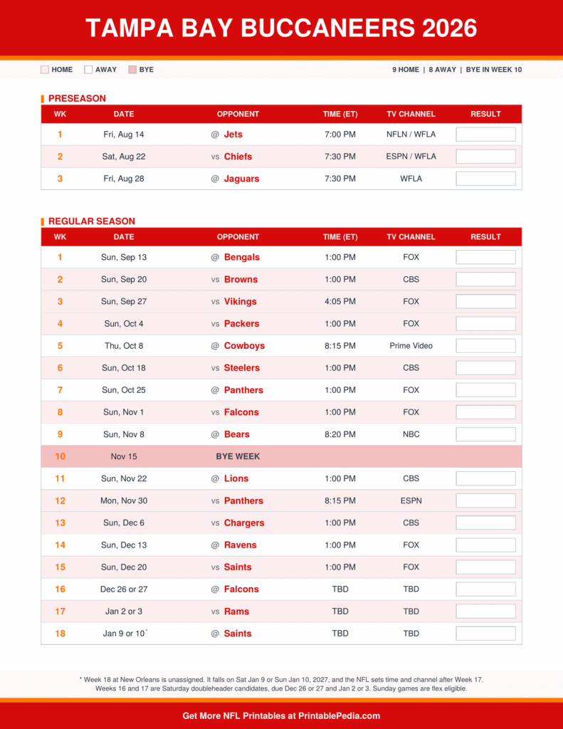 Printable 2026 Tampa Bay Buccaneers schedule with every game, dates, kickoff times in ET and TV channels