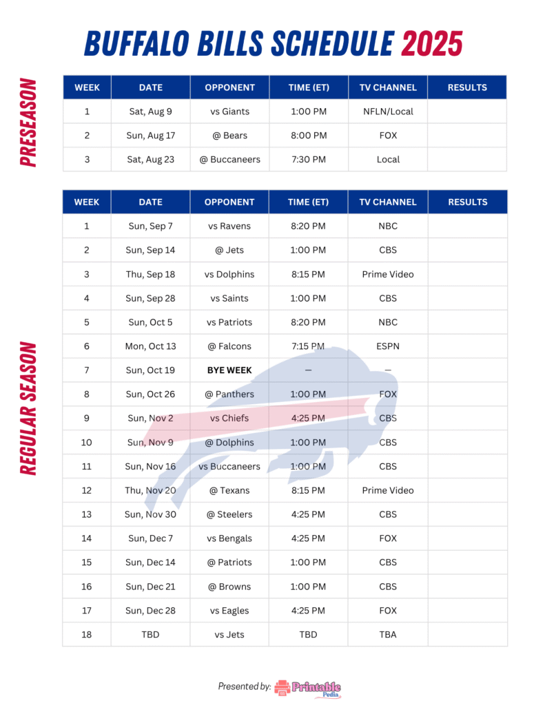 Printable Buffalo Bills Schedule 2025