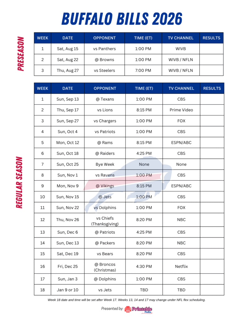 Printable Buffalo Bills Schedule 2026