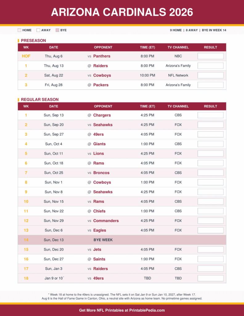 Printable 2026 Arizona Cardinals schedule with every game, dates, kickoff times in ET and TV channels