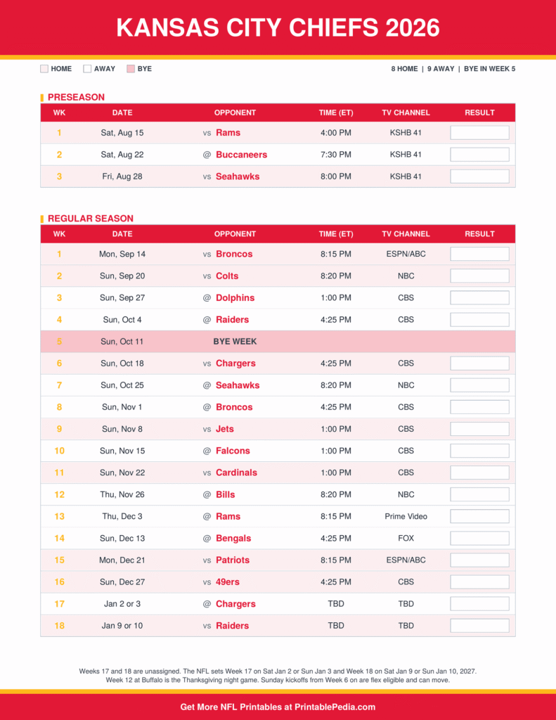 Printable 2026 Kansas City Chiefs schedule with every game, dates, kickoff times in ET and TV channels