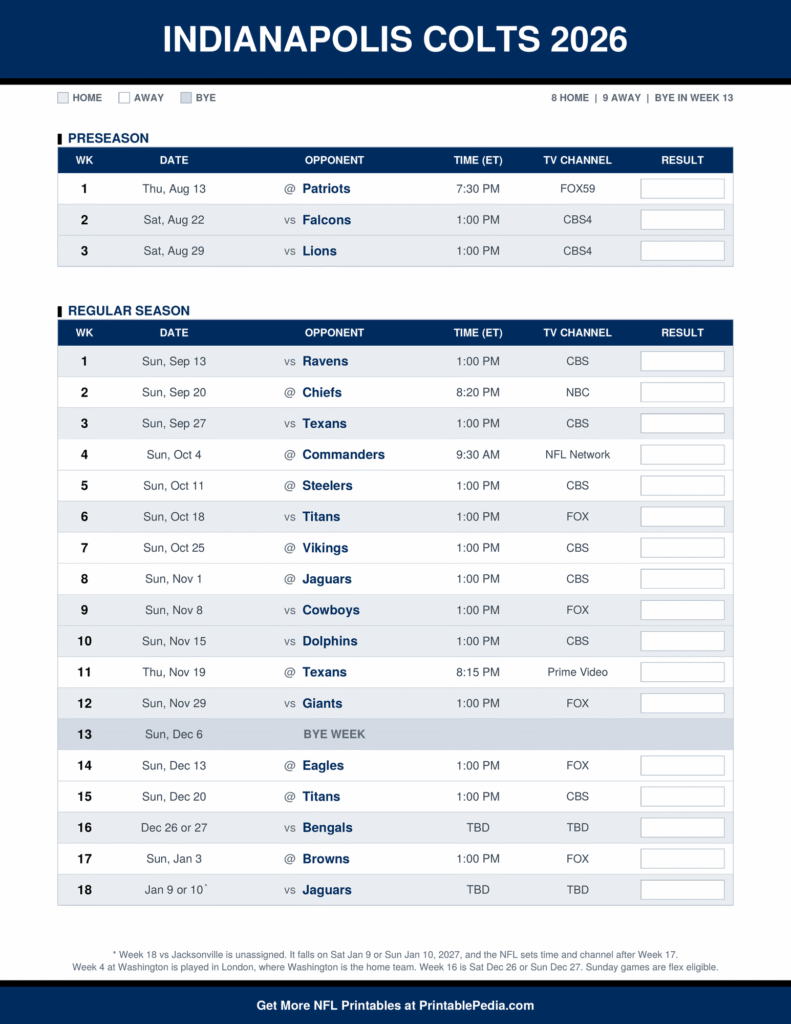 Printable 2026 Indianapolis Colts schedule with every game, dates, kickoff times in ET and TV channels