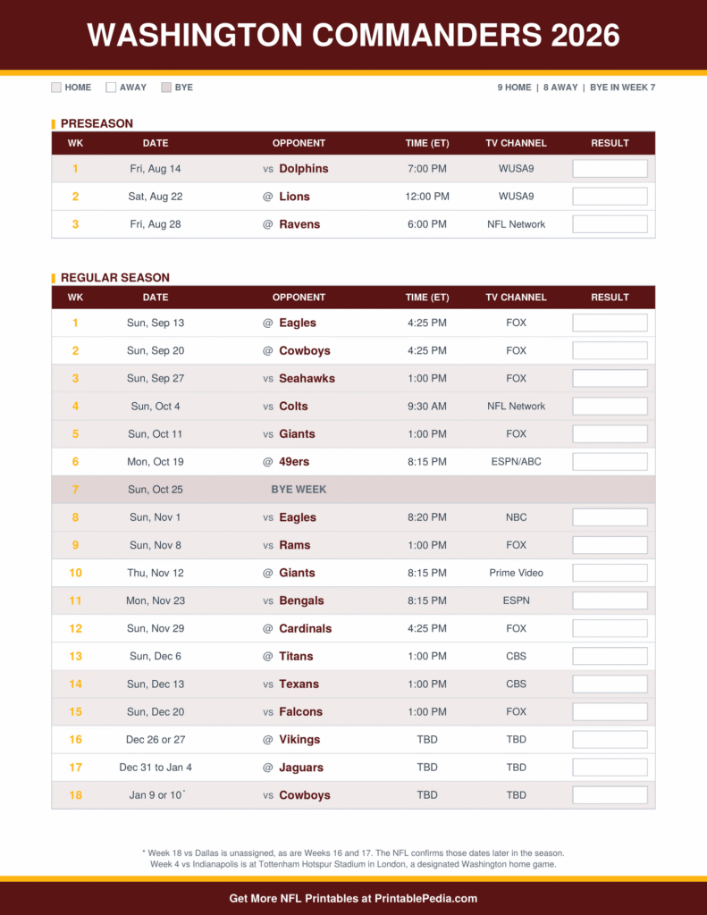 Printable 2026 Washington Commanders schedule with every game, dates, kickoff times in ET and TV channels