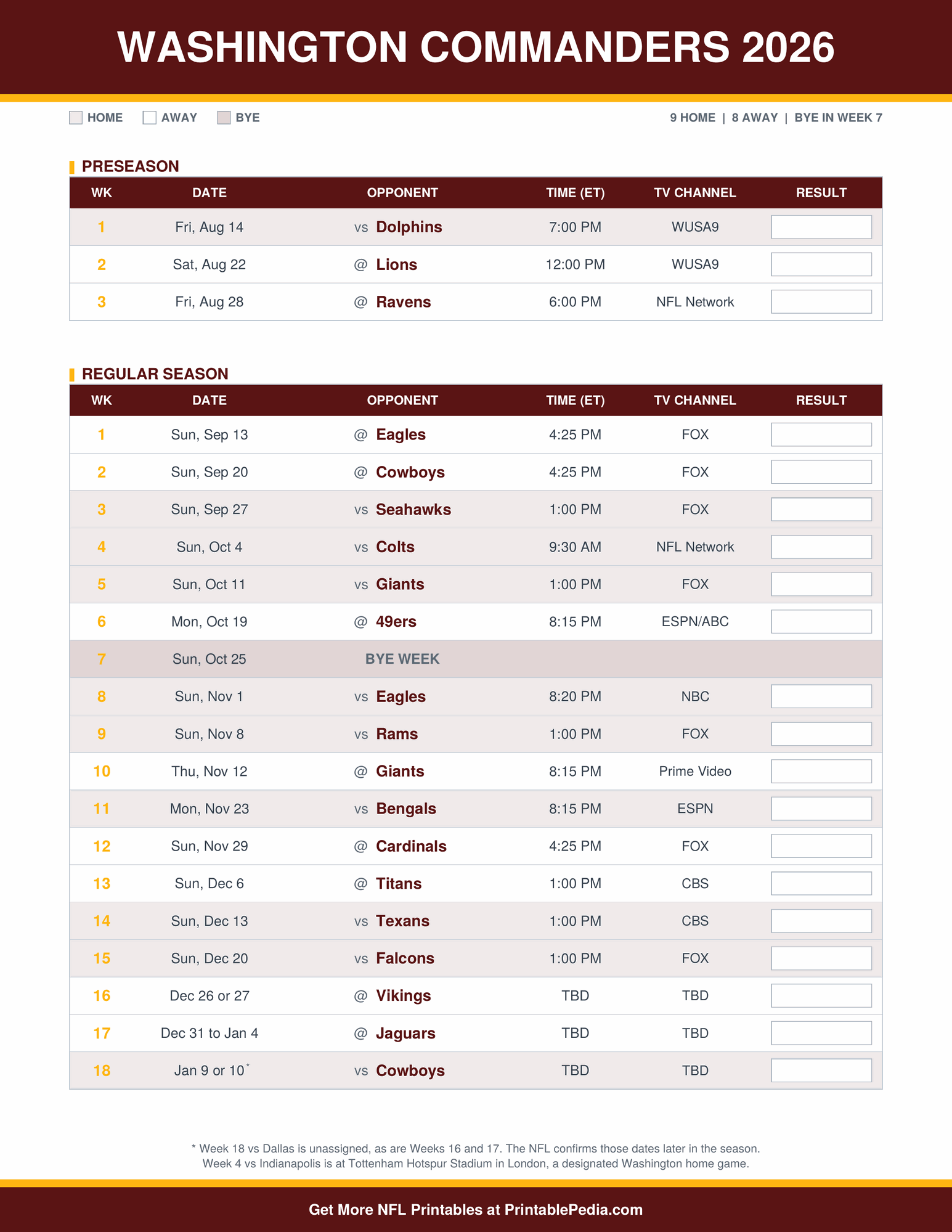 Writing Chart.pdf 2026 Washington Commanders Schedule: Printable PDF & TV Guide