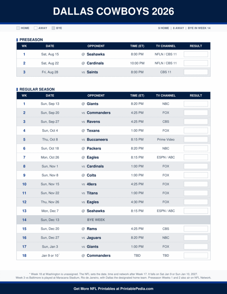 Printable 2026 Dallas Cowboys schedule with every game, dates, kickoff times in ET and TV channels