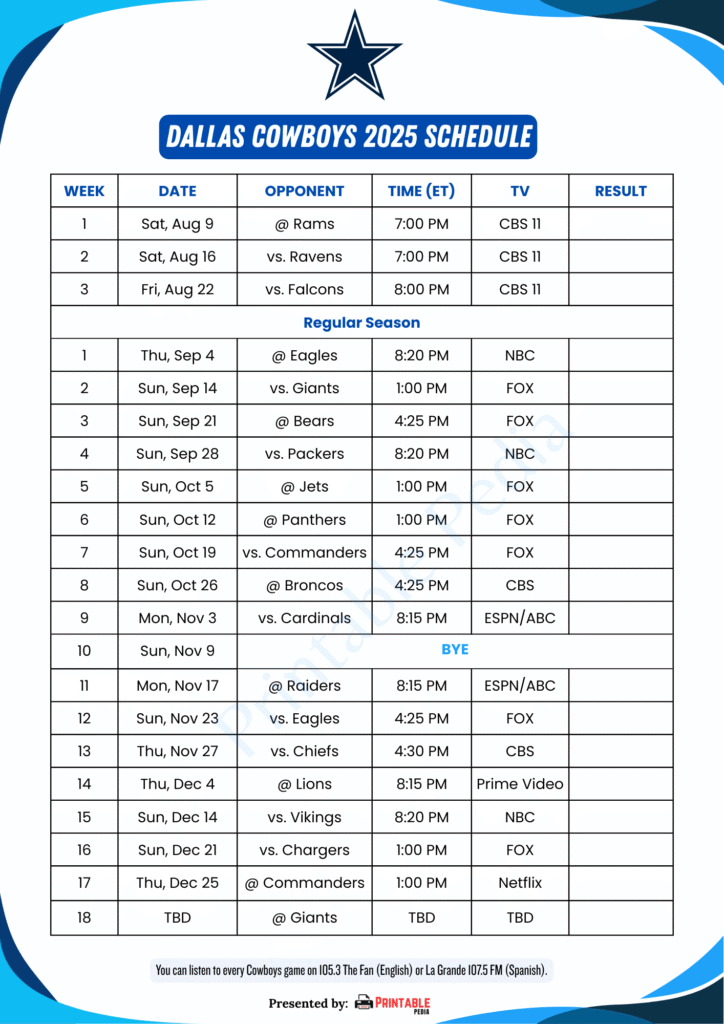 Printable Dallas Cowboys Schedule 2025