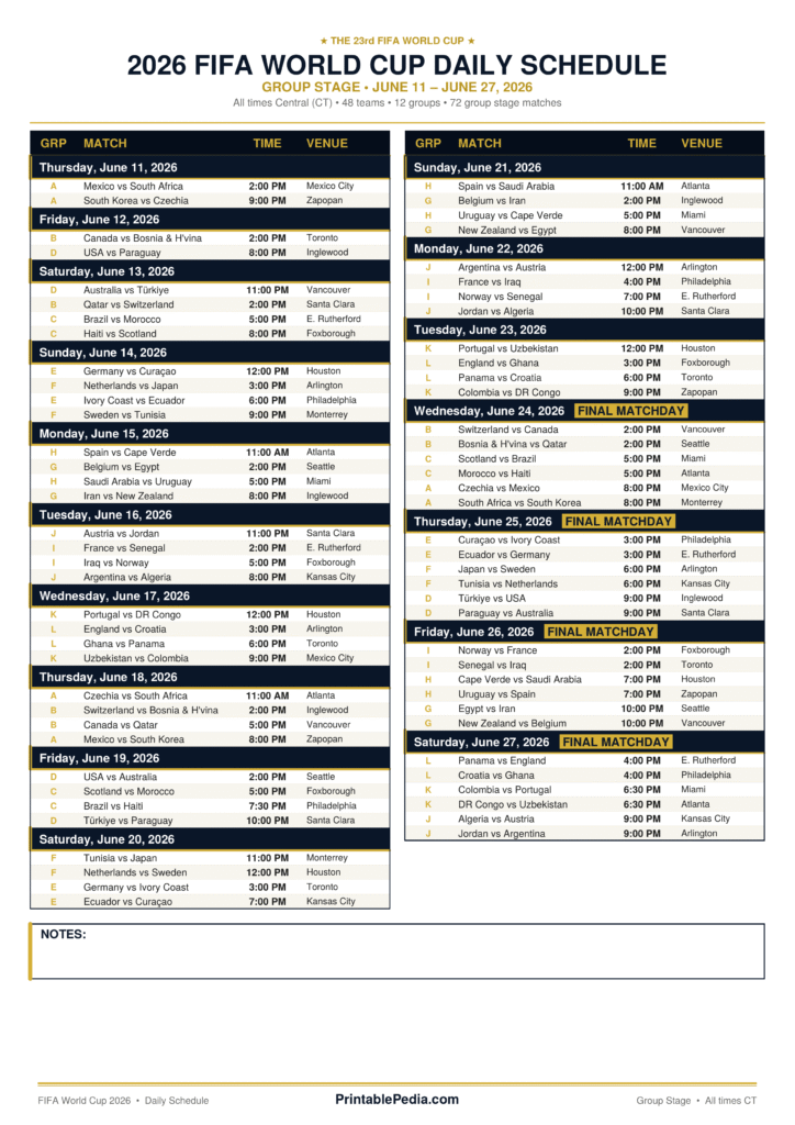 Printable FIFA World Cup 2026 Schedule in Central Time