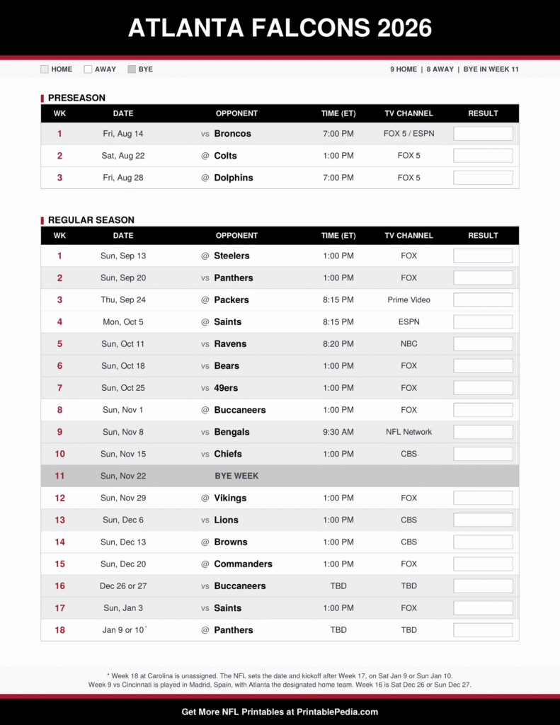 Printable 2026 Atlanta Falcons schedule with every game, dates, kickoff times in ET and TV channels