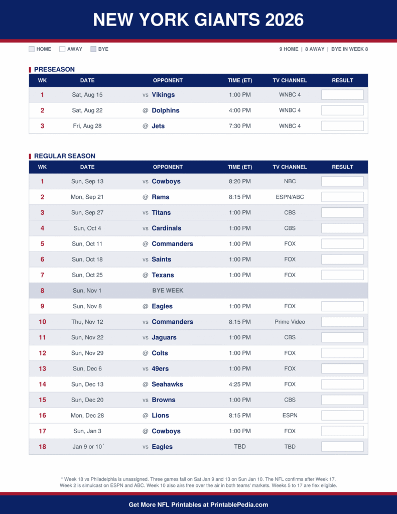 Printable 2026 New York Giants schedule with every game, dates, kickoff times in ET and TV channels