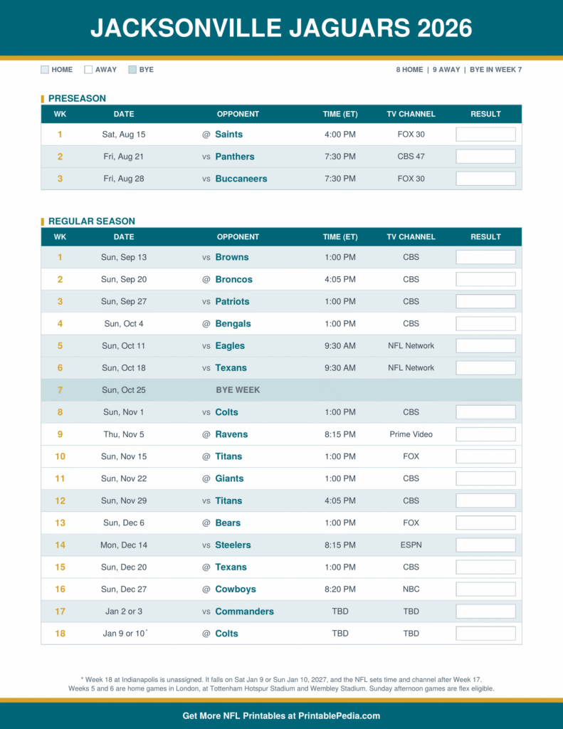 Printable 2026 Jacksonville Jaguars schedule with every game, dates, kickoff times in ET and TV channels