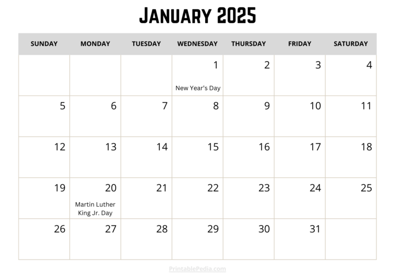 Printable January 2025 Calendar: With Holidays and Blank PDF Format