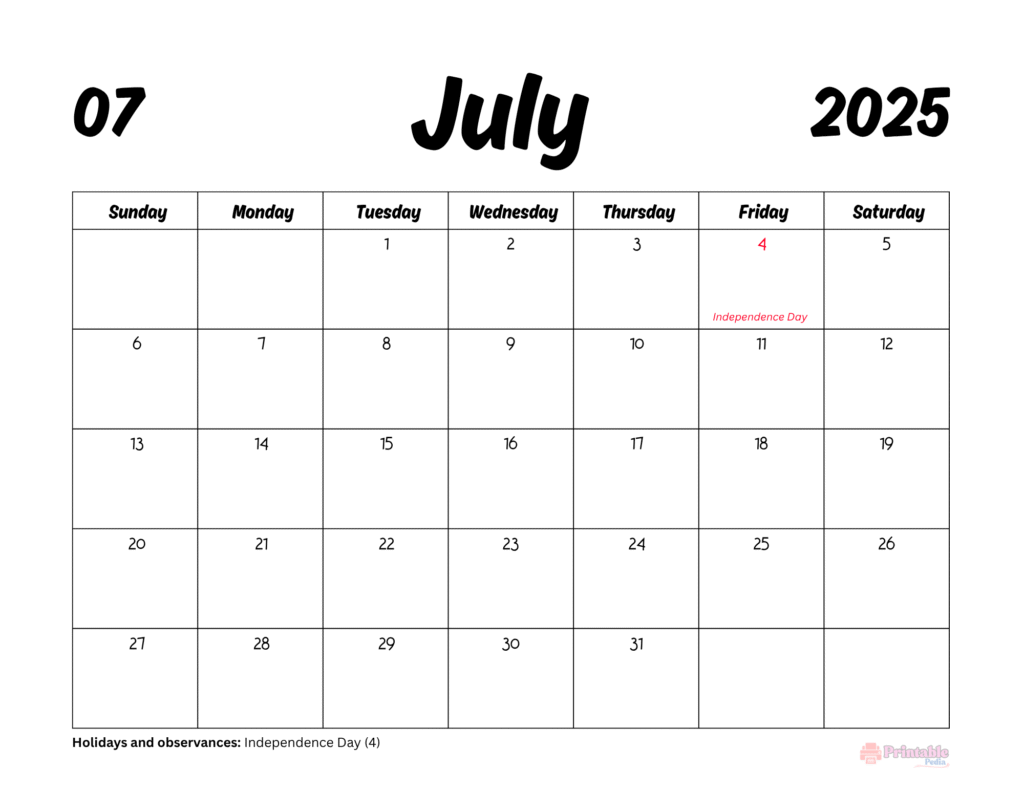 Printable July 2025 Calendar with USA Holidays