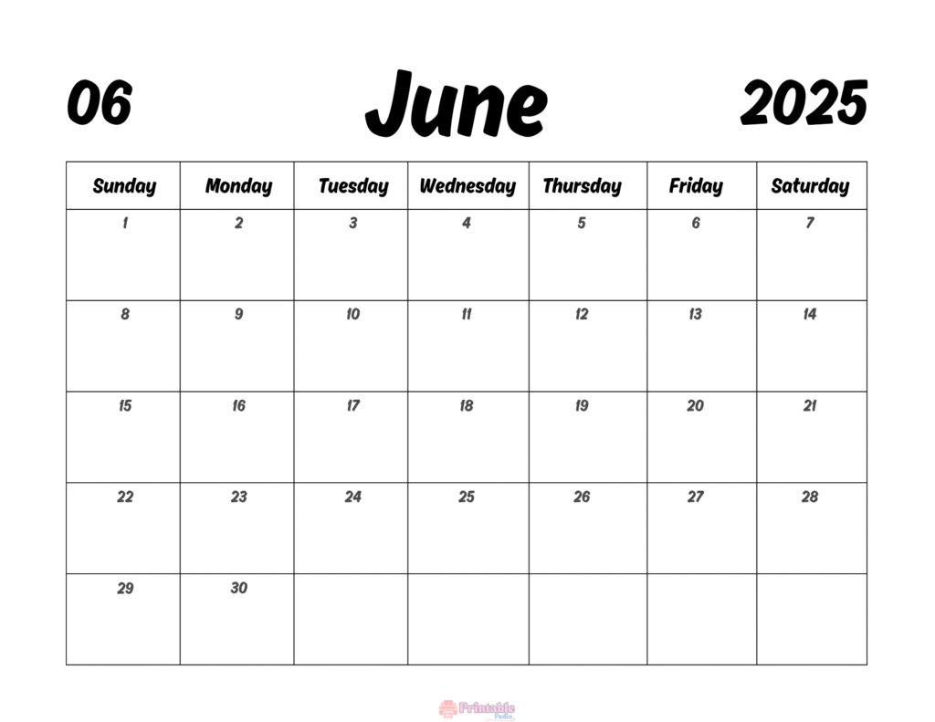Printable June 2025 Calendar Starting on Sunday