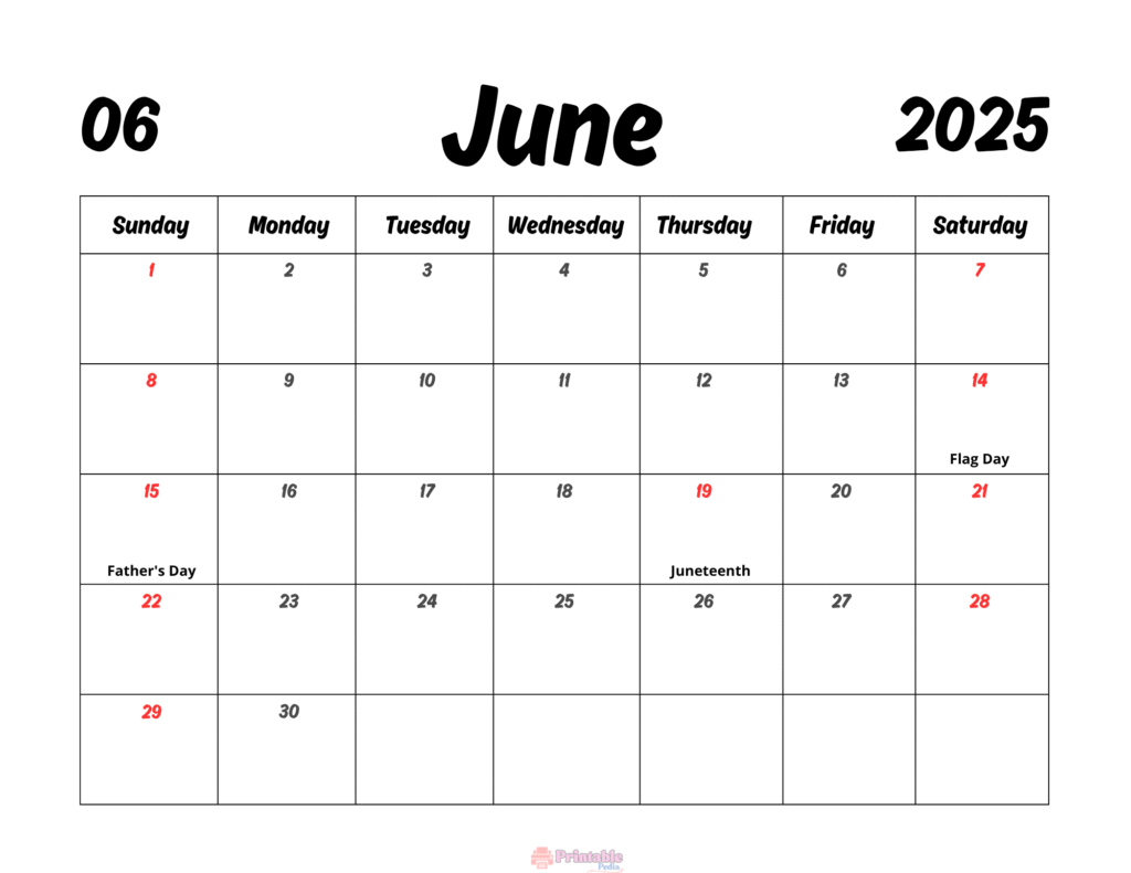 Printable June 2025 Calendar with USA Holidays