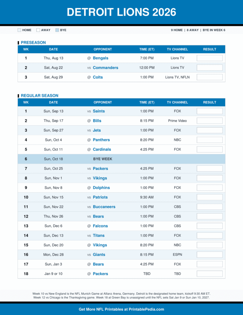 Printable 2026 Detroit Lions schedule with every game, dates, kickoff times in ET and TV channels