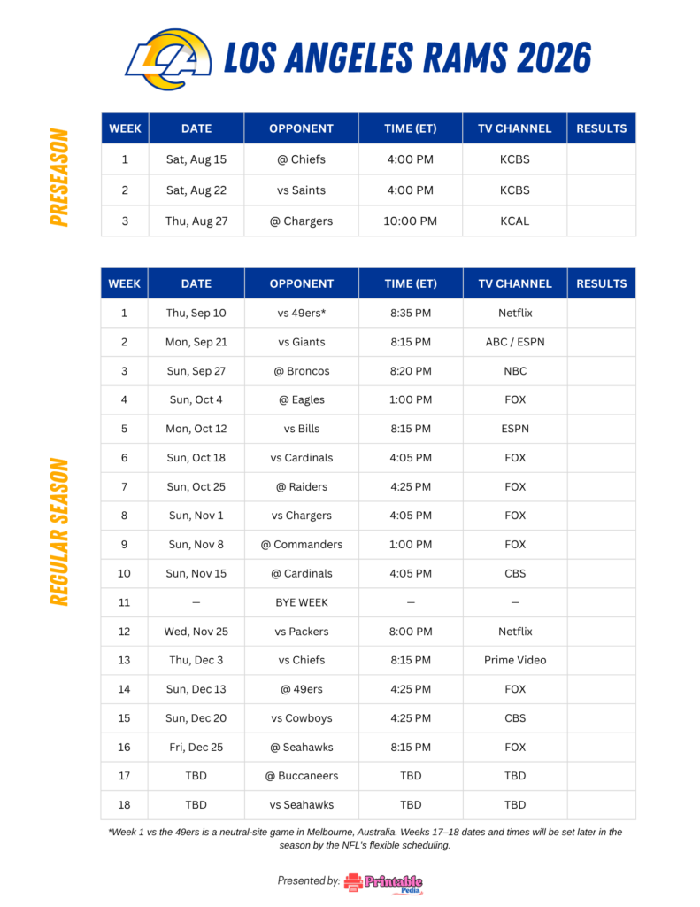 Printable Los Angeles Rams Schedule 2026
