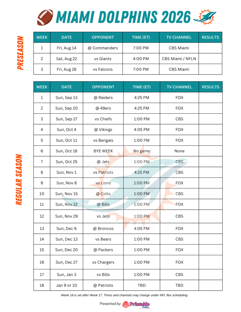 Miami Dolphins 2026 schedule chart listing every game date, time and TV channel