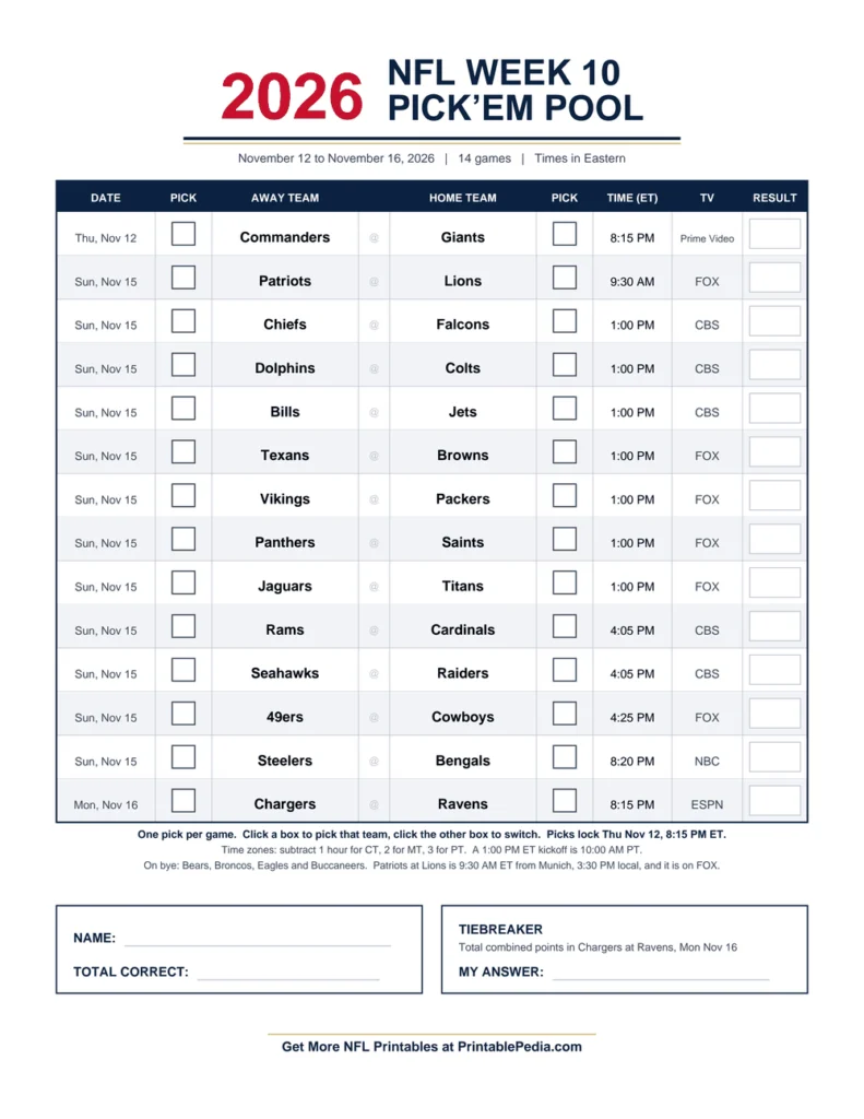 NFL Week 10 Pick’em Sheet 2026 printable with all 14 games, ET kickoff times and TV channels