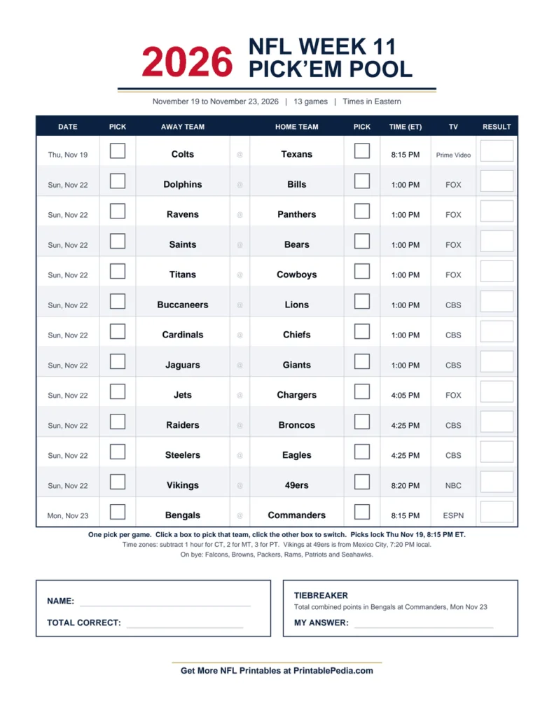 NFL Week 11 Pick’em Sheet 2026 printable with all 13 games, ET kickoff times and TV channels