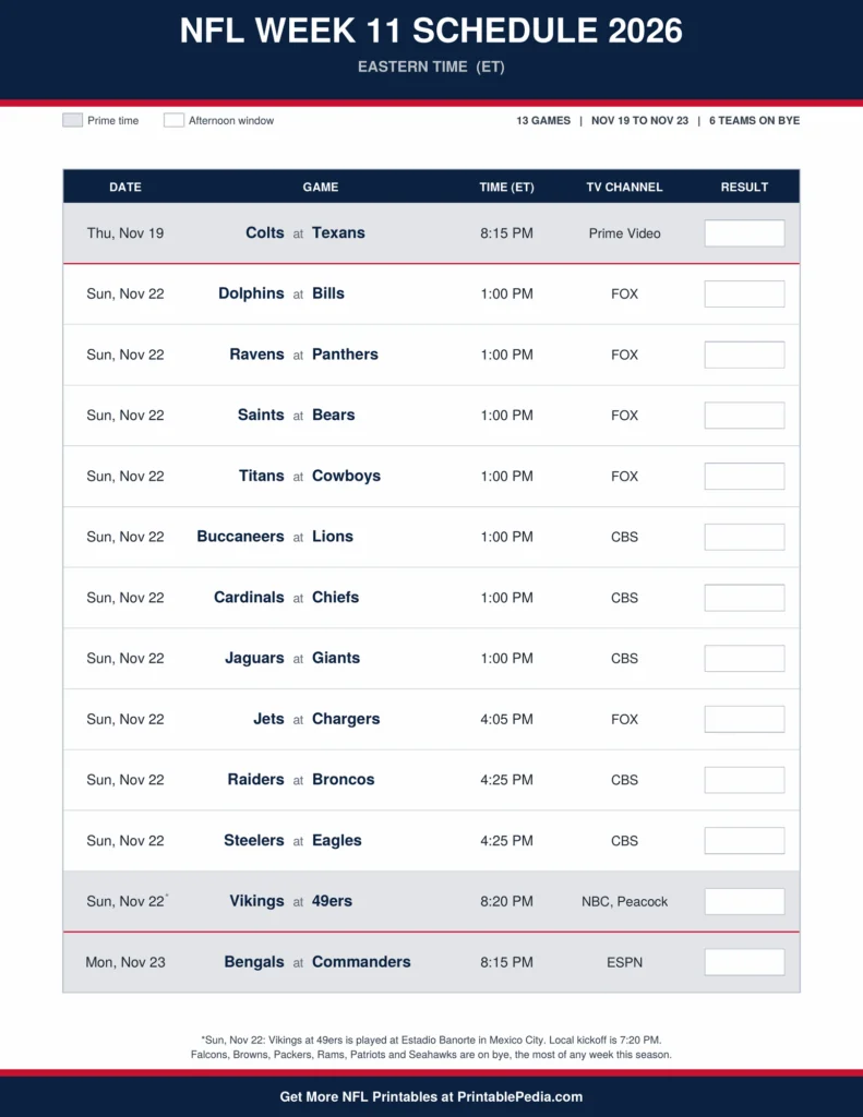 Printable 2026 NFL Week 11 schedule with all 13 games, dates, kickoff times in Eastern Time and TV channels