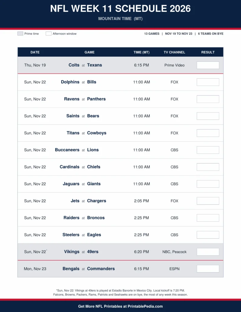 Printable 2026 NFL Week 11 schedule with all 13 games, dates, kickoff times in Mountain Time and TV channels