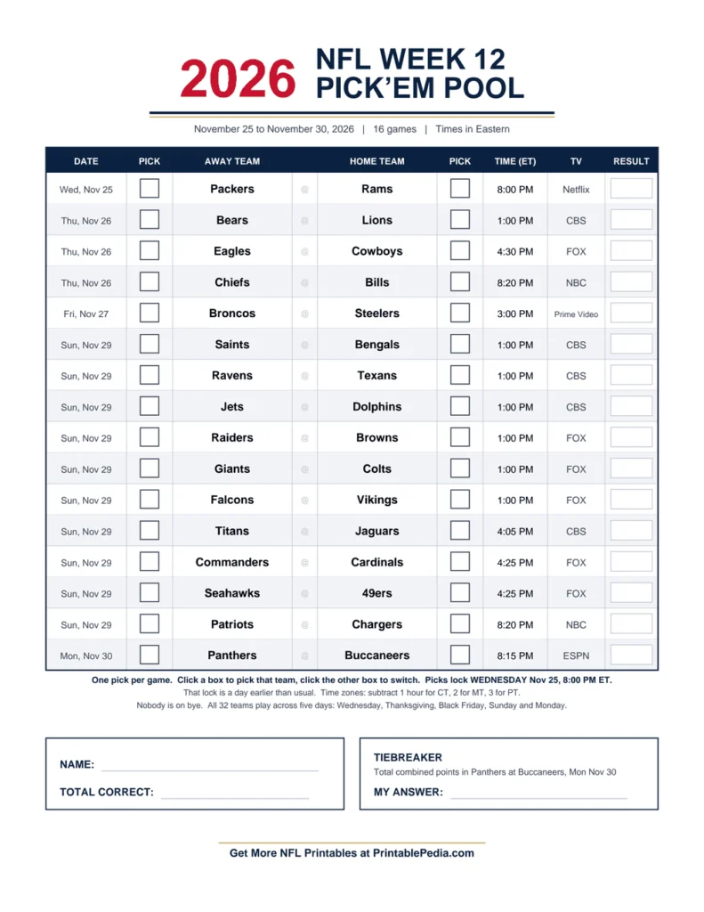 NFL Week 12 Thanksgiving Pick’em Sheet 2026 printable with all 16 games, ET kickoff times and TV channels