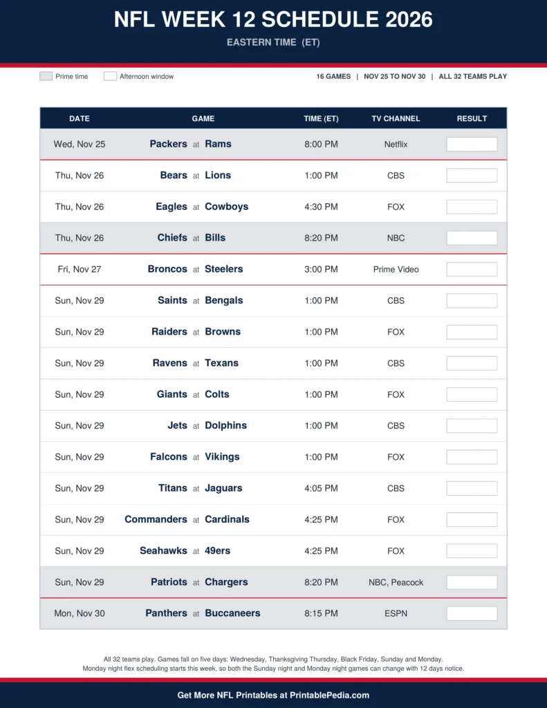 Printable 2026 NFL Week 12 schedule with all 16 games, dates, kickoff times in Eastern Time and TV channels