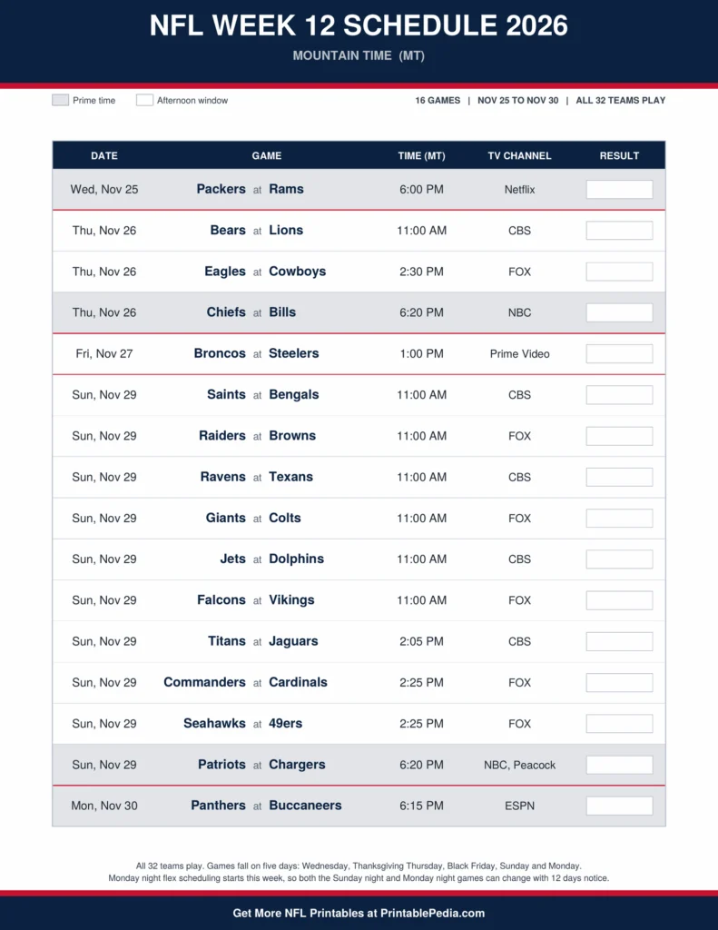 Printable 2026 NFL Week 12 schedule with all 16 games, dates, kickoff times in Mountain Time and TV channels