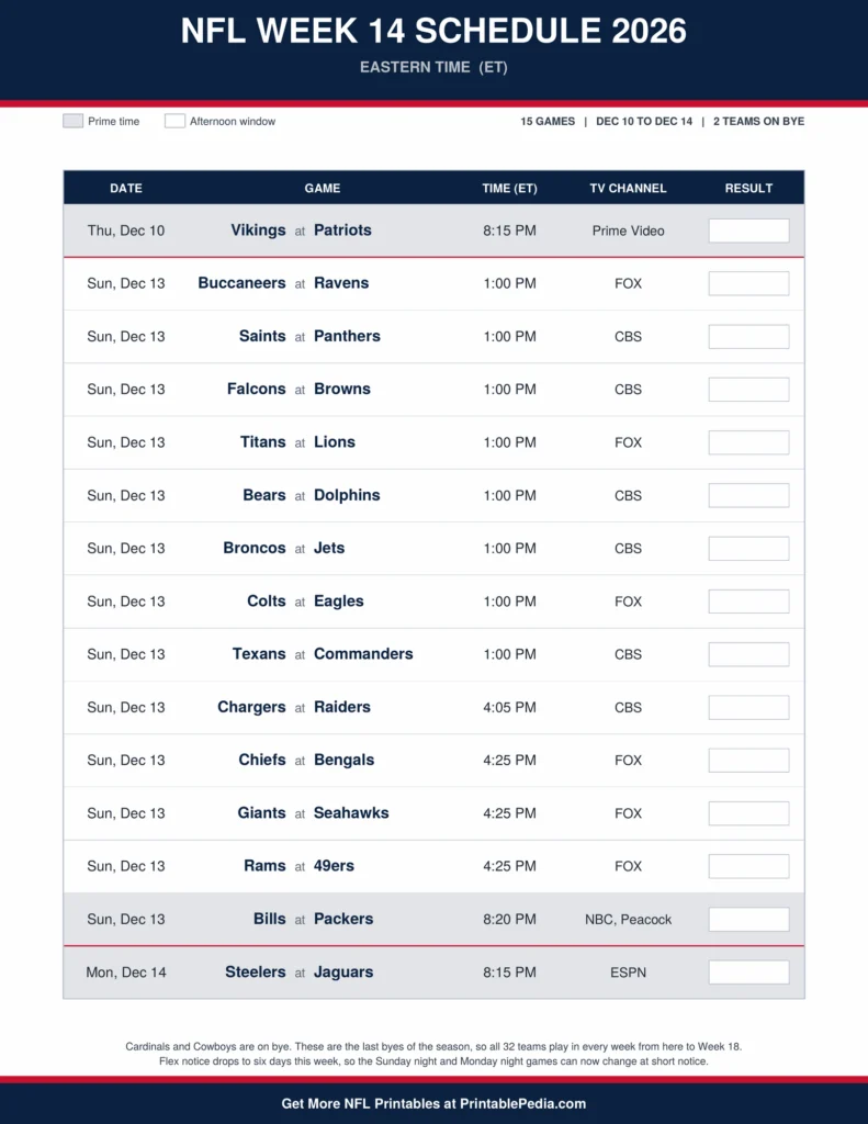 Printable 2026 NFL Week 14 schedule with all 15 games, dates, kickoff times in Eastern Time and TV channels