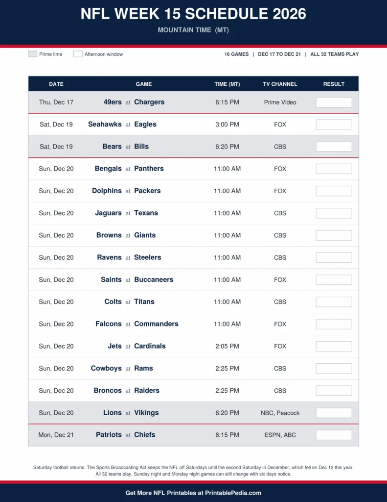 Printable 2026 NFL Week 15 schedule with all 16 games, dates, kickoff times in Mountain Time and TV channels