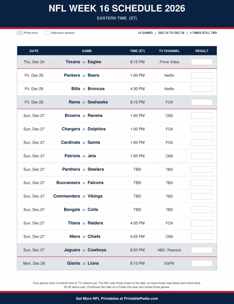 Printable 2026 NFL Week 16 schedule with all 16 games, dates, kickoff times in Eastern Time and TV channels