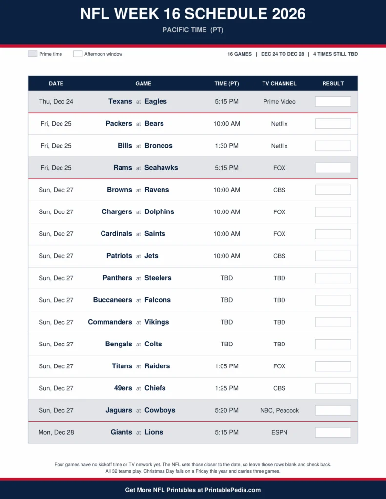 Printable 2026 NFL Week 16 schedule with all 16 games, dates, kickoff times in Pacific Time and TV channels