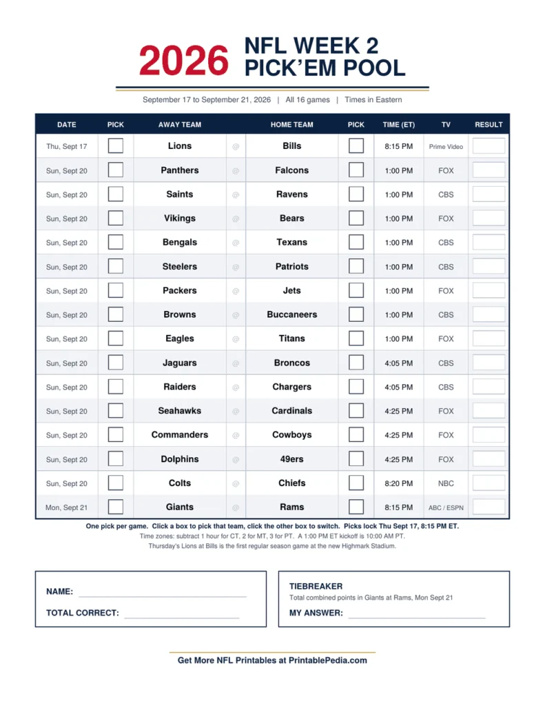 NFL Week 2 Pick’em Sheet 2026 printable with all 16 games, ET kickoff times and TV channels