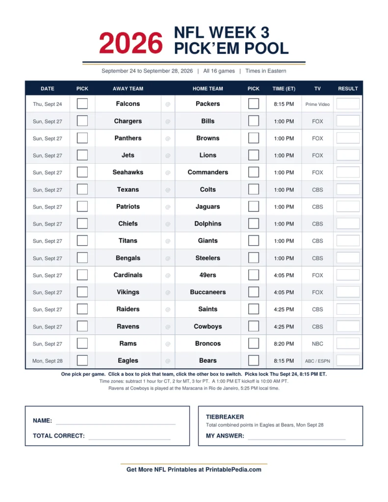 NFL Week 3 Pick’em Sheet 2026 printable with all 16 games, ET kickoff times and TV channels